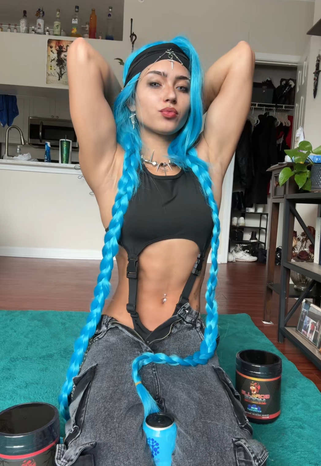 blue raspberry is now on the tiktok shop! mode, nitric, and energy drinks @Gorilla Mind #gorillamind #gymrat #gymgirl #jinxarcane #arcane #jinxcosplay 
