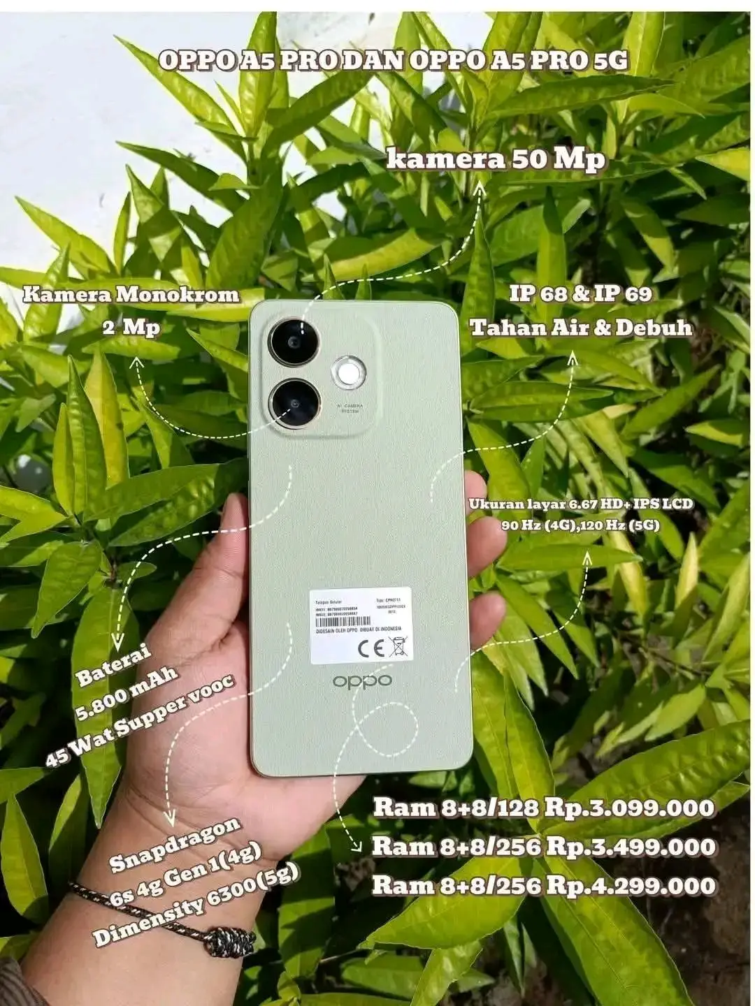 Oppo A5 pro handphone terbaru yg mememiliki kelebihan  ✅Desain ny cntk dgn durabilitas tinggi ✅tahan rendaman air & tahan banting ✅layar kokoh dn cerah, cocok untk penggunaan d luar ruangan ✅kamera utama 50 mp ✅baterai 5800 mAH ✅flas charger 45 w ✅tingkat volume 300 %