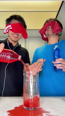 He was so proud at the end 😂😂 #waterchallenge #blindfoldchallenge #julieandcorey pouring water into cup blindfold dc: @Julie & Corey 