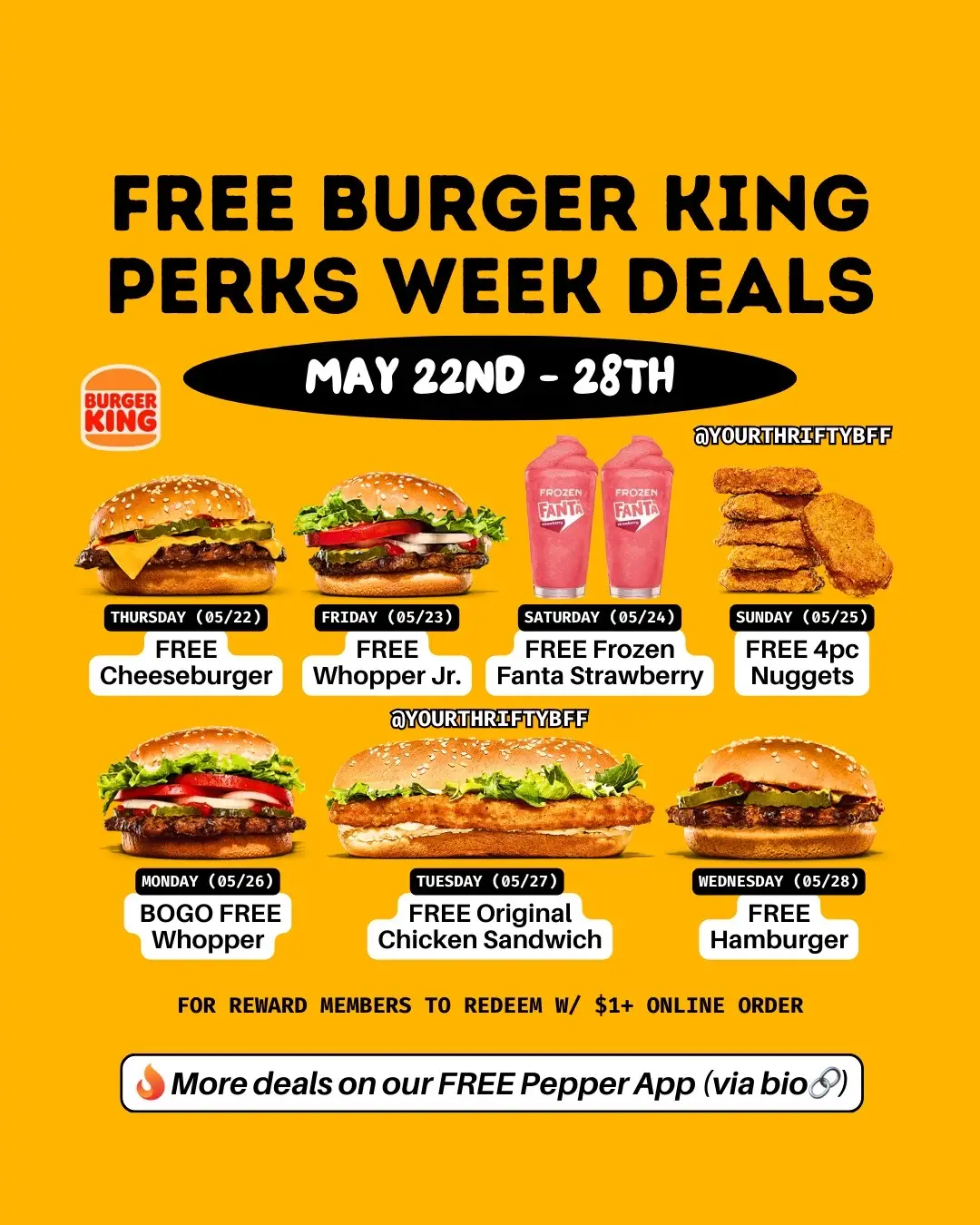 🍔 Burger King’s Perks Week is here 🍔 From May 22 to May 28, Royal Perks members enjoy daily freebies with any $1+ purchase through the BK app website! Find out more on our Pepper Deals App via the bio 🔗 #yourthriftybff #cheapfood #mealdeal #couponing #savingstips #burgers #burgerking @Burger King #bigback #foodhacks 