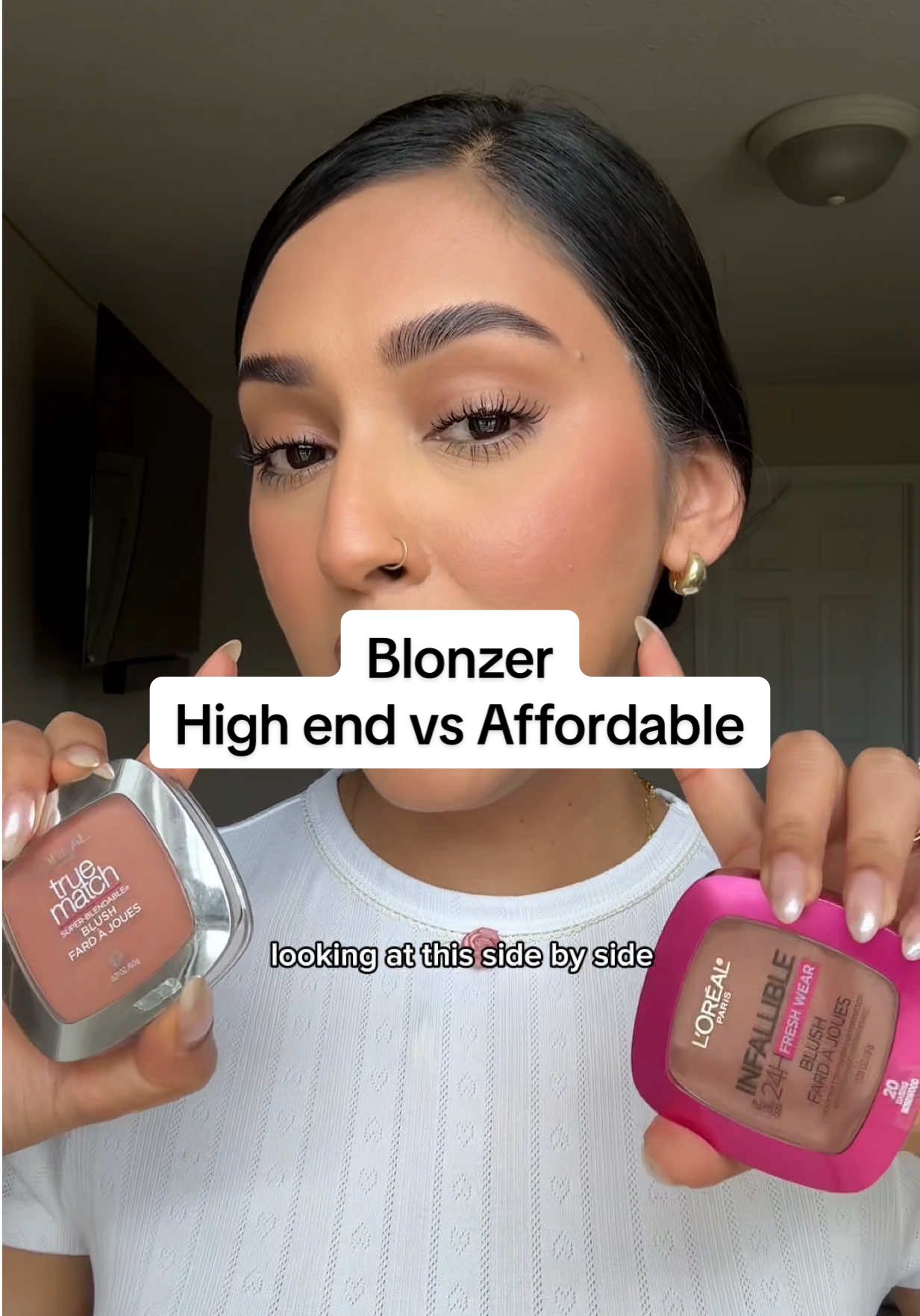 your perfect blonzer for this summer, luxury look but drugstore price! This blush is that girl👏🏼✨ @L'Oreal Paris  True Match super-blendable blush (subtle sable)  Infallible 24H fresh wear blush (daring rosewood) #drugstoremakeup  #affordablemakeup #blonzer #lorealparispartner 