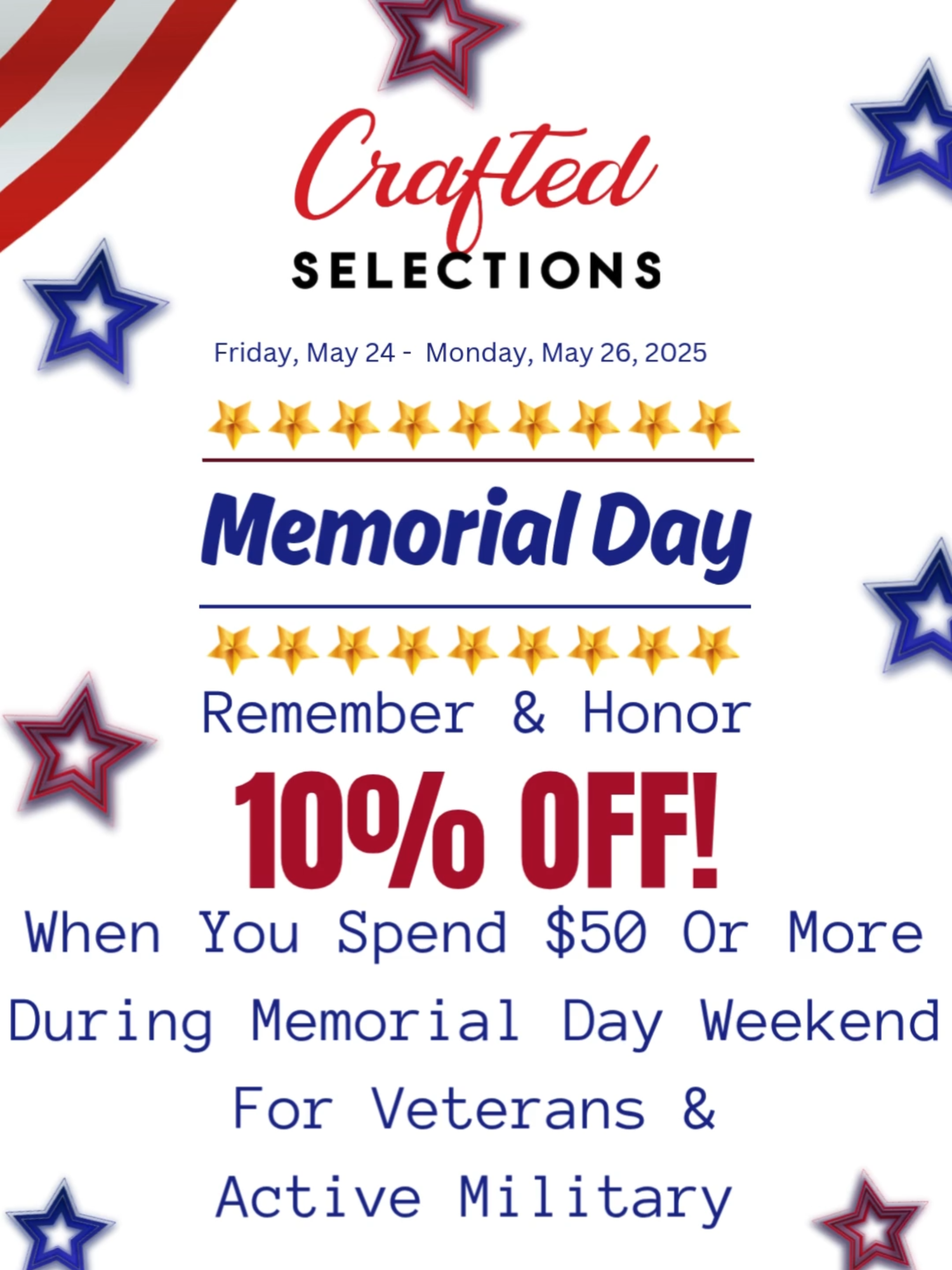 Join us this Memorial Day Weekend at any of our locations and enjoy 10% OFF when you spend $50 or more for veterans and active military. In-store purchases only. Must show a valid military ID. Excludes fuel, lotto, and lottery. valid May 23 - May 26, 2025. #craftedselections #escondido #sanmarcos #springvalley #memorialday #memorialdayweekend #memorialdaysale #shoplocal #beer #wine #whiskey #holidaysales
