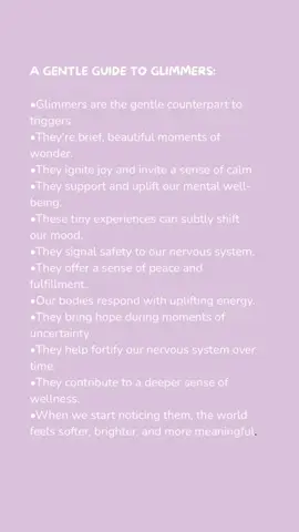 Have you noticed your glimmers lately? ✨ They’re tiny, powerful moments that calm the nervous system and spark joy — the quiet opposite of triggers. Rooted in polyvagal theory, glimmers help us feel safe, hopeful, and alive. 🌿💛 Start spotting them, and the world begins to shift. My go to glimmer is the scent of lavender. What’s yours?  #glimmers #polyvagaltheory #MentalHealthAwareness #tinyjoys #mindfulness #HealingJourney #calmcontent #tiktokwellness