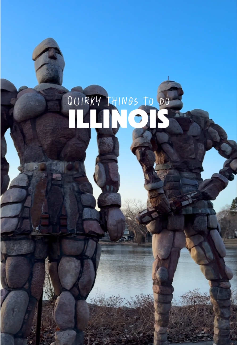 Hidden in Sinnissippi Park along the Rock River Trail in Rockford, Illinois, you’ll find the Rockmen Guardians, a group of 13-foot-tall rock warriors. They were created by artist Terese Agnew in 1987, each weighing hundreds of pounds and made entirely from boulders and cement. 🪨✨ #midwesttravel #enjoyillinois #roadsideattraction #lgbtqtravel #rockfordillinois 