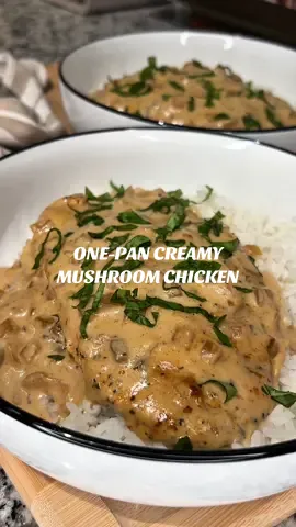 I love getting creative and using up random ingredients we have laying around! I swear these dinners always turn out the best ☺️ CREAMY MUSHROOM CHICKEN 🍄‍🟫🌿  Ingredients: - boneless skinless chicken breasts; cut in half lengthwise - garlic salt - paprika - italian seasoning - olive oil - 2 tablespoons butter - 1 onion; diced - minced garlic - 1 1/2 cups chicken broth - 1/2 cup heavy cream - 1 can @Campbell’s Soup cream of mushroom soup - rice - fresh basil Instructions: - pound chicken breasts to thin and season both sides - heat olive oil in a large sauté pan (mine is from @Caraway Home - code “EATSWITHALLY10” will get you 10% off) - cook chicken until both sides are browned and internal temp is 165°F - remove chicken from pan and add in butter - sauté onions and garlic in butter until fragrant - stir in chicken broth, heavy cream, and cream of mushroom soup until bubbly - lower heat and add chicken back to pan, spooning sauce over top until chicken is reheated - serve over rice and top with fresh basil #dinner #dinnerrecipe #DinnerIdeas #dinnerinspo #easydinner #dinnerwithme #cookwithme #cookingasmr #budgetmeals #Recipe #onepanmeal 