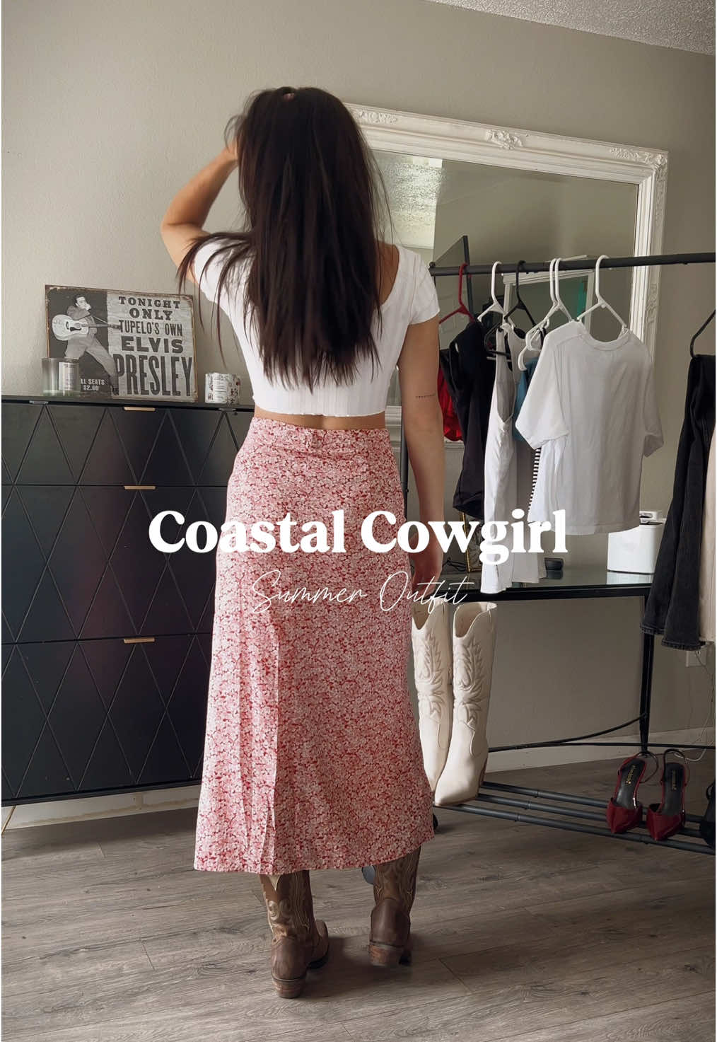 Would you wear this? I wore this outfit for an event last year and forgot about this skirt so I wanted to recreate it!  I’m a proud outfit repeater and it should be normalized more. You don’t need a new item/outfit for every event you go to 😅 that’s lunacy.  #bohofashion #westernfashion #westernwear #cowgirlboots #cowgirlfashion #coastalcowgirl #foryou 