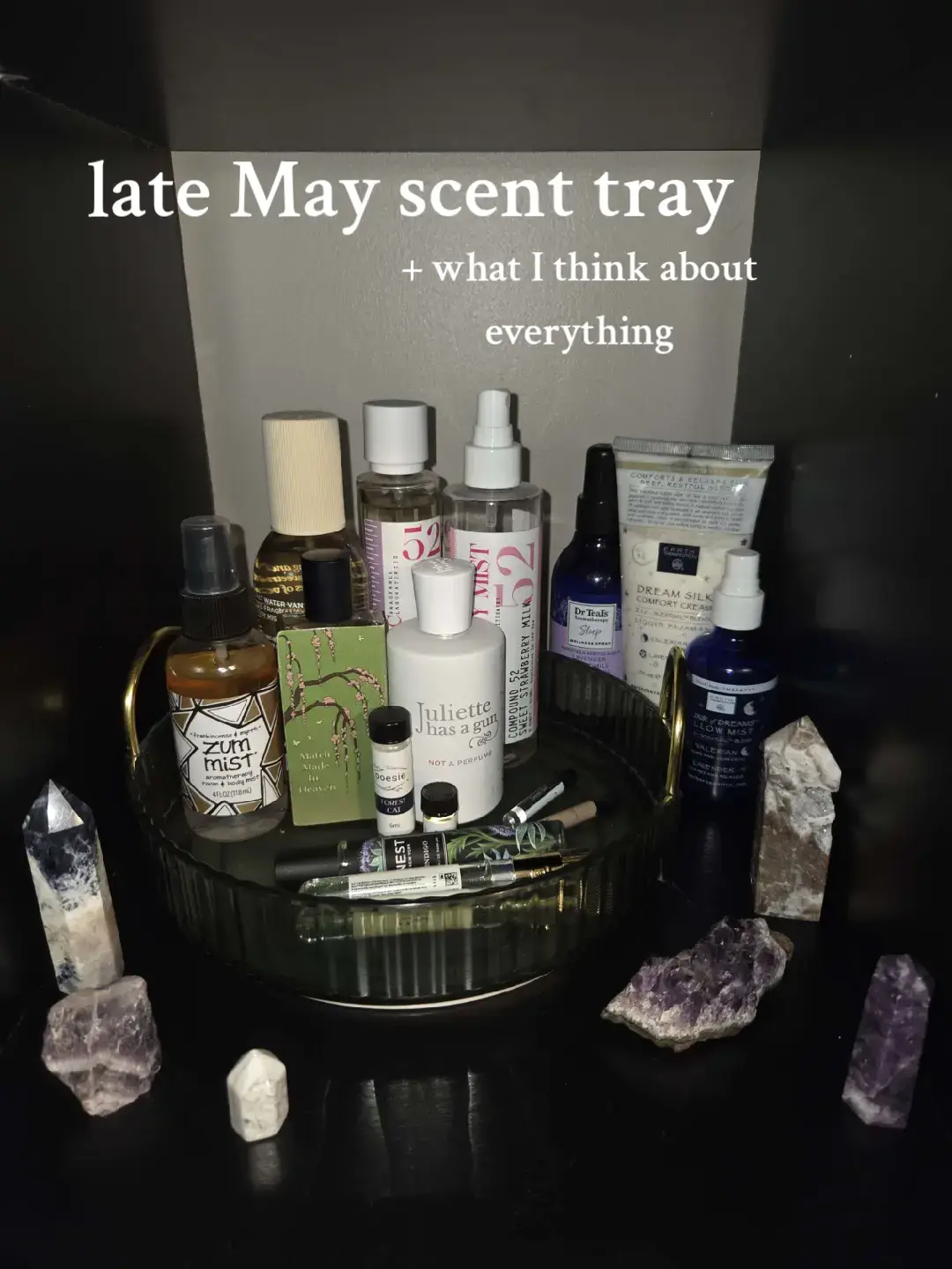 this is what I've been wearing lately <33 I've seen others create scent trays and I thought it was a very sweet idea, turned it into a little current scent space ✨️ all fragrances listed below match made in heaven @Sorce  the bees - Sorce green girl - @Poesie forest cat - Poesie (discontinued) seelie court - Poesie (discontinued) saltwater vanilla - @Saltair Body salt air - Skylar 52 sweet strawberry milk body mist and EDP - @Miim.Miic Fragrance Labs frankincense and myrrh - Indigo Wild (Zum) not a perfume - @Juliette has a gun dirty coconut - Heretic indigo - NEST #fragrance #perfumetok #indieperfume #nichefragrance #fragrancetok #indie #wlw #lolayoung