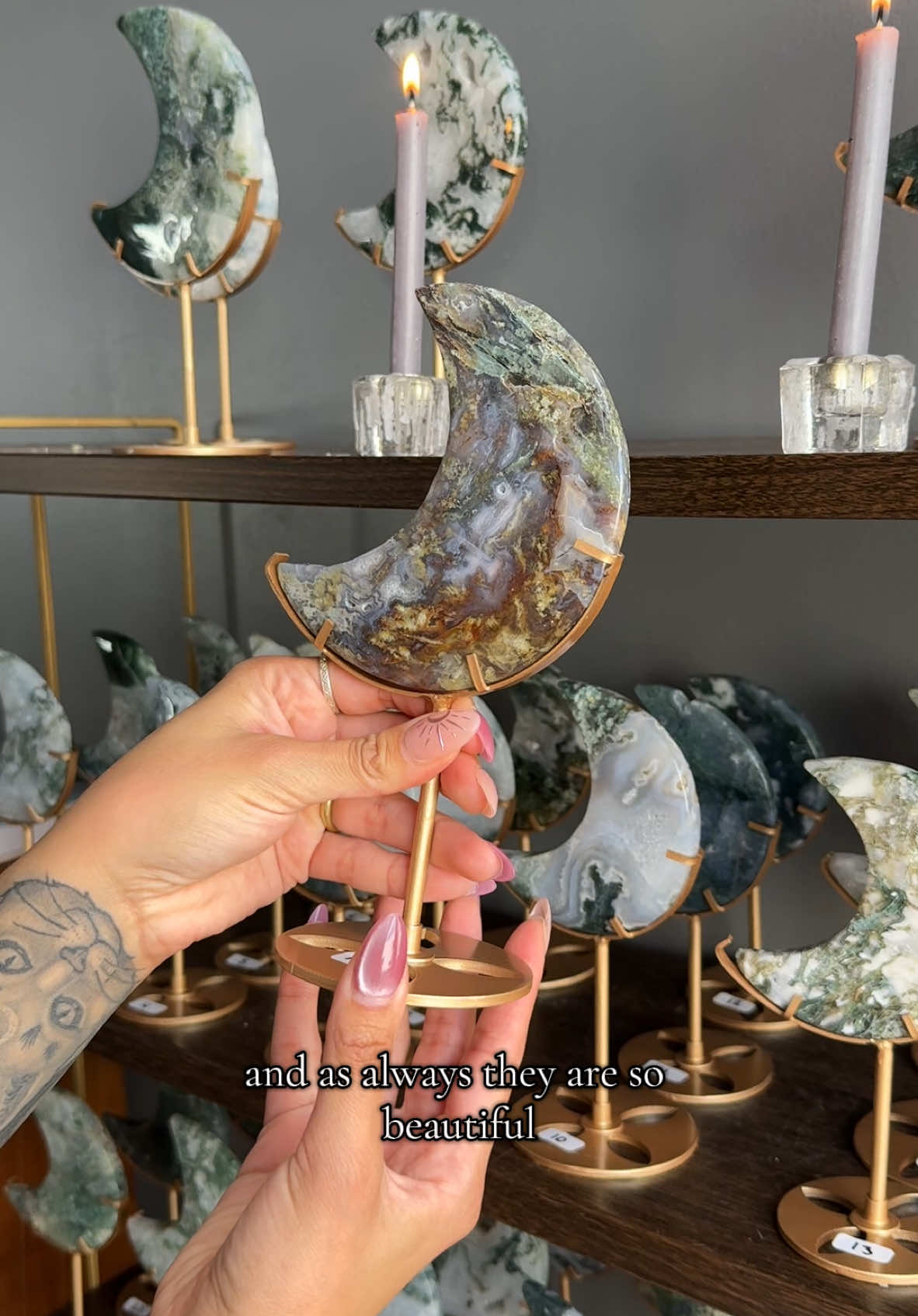 Happy Friday 🌙 Moss agate moon restock! #crystaltok #gift #TikTokShop #crystalshop #crystals #moon #BookTok #crystal #gemstone 