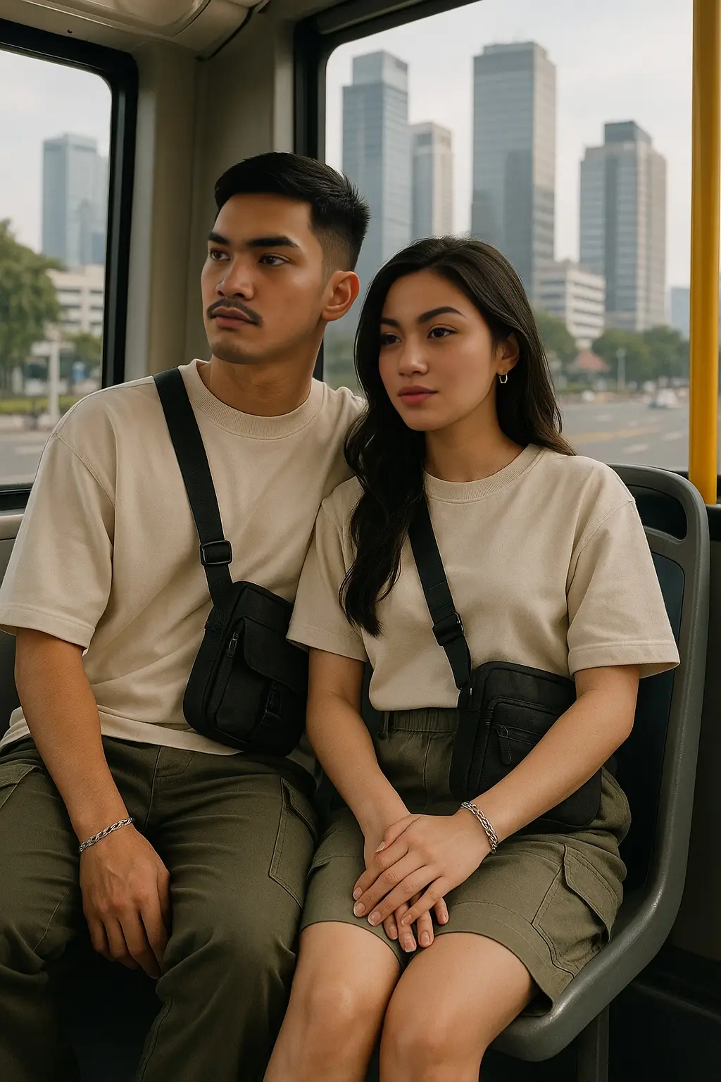 Promt Wak : A stylish young couple sitting together on a modern city bus, wearing coordinated outfits with beige t-shirts and olive green cargo pants/shorts. Both have black crossbody bags and silver chain bracelets. The bus has large windows with a city skyline featuring tall, modern skyscrapers in the background. Natural daylight, cinematic tone, sharp focus, relaxed and affectionate mood. #chatgpt #faceswap #ai #klingai #fypシ゚ #arieltatum #promtchatgpt #trendddddddddddddddd #fyppppppppppppppppppppppp #trendingggggggggggggggggggggggggg #virallllllllllllll #xycbaa #outfit #trending #trending?song🔥 