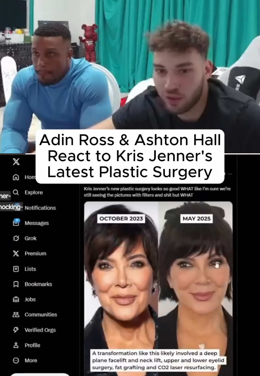 Adin Ross & Ashton Hall React to Kris Jenner’s Latest plastic surgery #adinross #ashtonhall #kardashians #krisjenner #fyp 