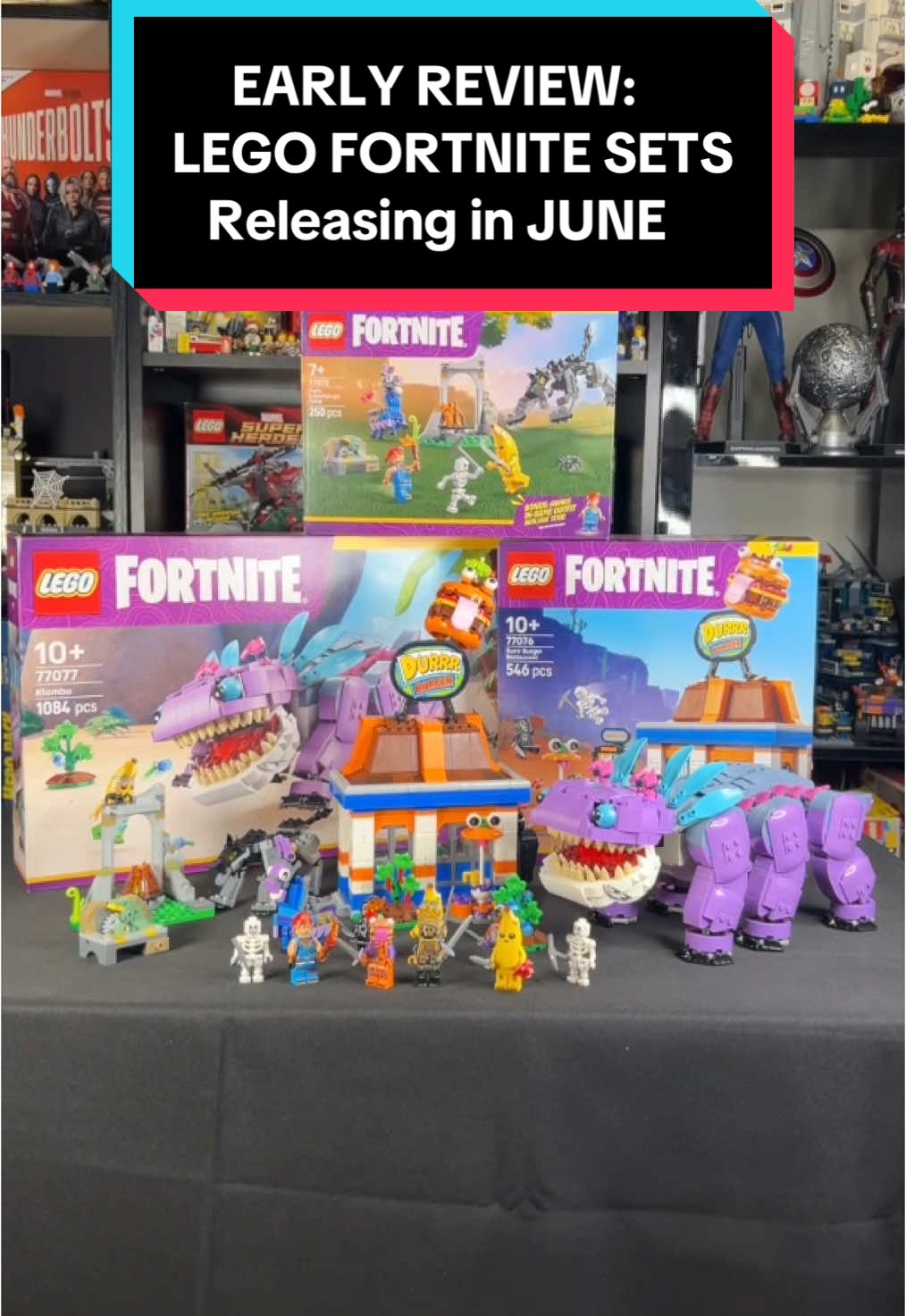 #gifted LEGO Fortnite Sets FIRST LOOK Thanks to The LEGO Group for sending these my way!   All of these come out on June 1st: - Peely and Sparkplug’s Camp: $22.99, 250 pcs - Durrr Burger Restaurant: $64.99, 546 pcs - Klombo: $109.99, 1,084 pcs All three sets have scannable instructions that’ll unlock new skins in LEGO Fortnite - so rad!   #lego #legofortnite #fortnite #supplyllama #klombo #legocollection #legocollector #legoreview #rlfm #77077 #77076 #77075 