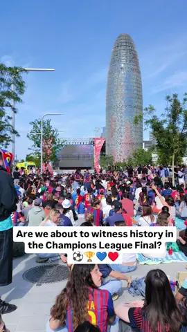 First team to win three in a row? ⚽🏆 🏆✨ FC Barcelona Femení is competing in the Champions League final against Arsenal.  The big screen in Barcelona is ready 📺, and fans are ready to cheer loud 📣. Who’s watching? Visca Barça Visca Cataluña 💙💗 #barcelonacity #barcelonatravel #fcbarcelona #barça #barçafemeni #aitanabonmatí 