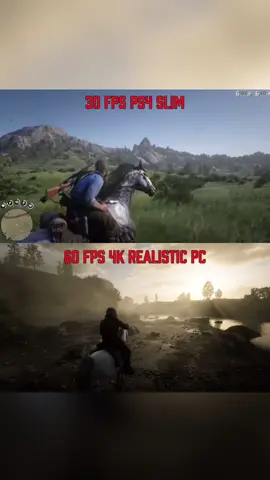 Same game, two different worlds 😳 PS4 Slim ➡️ 30 FPS PC ➡️ 60 FPS 4K Ultra Settings Which one would you play? 👇🔥 #rdr2  #graphicscomparison #30fpsvsultra  #4kgaming   #ps4vsPC  #ultrarealism   #realisticgraphics  #consolevsPC   #gamingtiktok  #pcmasterrace   #fyp #CapCut   