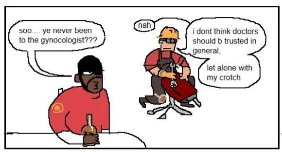 Engineer goes to the gynocologist, a comic     #tf2fanart #tf2 #teamfortress2 #tf2demoman #tf2medic #tf2engineer #tf2sniper #swordvan