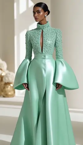 Minted to perfection. This sculptural silhouette in high-gloss mint satin is all about futuristic grace and bold femininity. From textured florals to flared sleeves, this is how DripHue does modern couture power dressing. #DripHue #MintMoment #CoutureConfidence #ModernElegance #SculpturalStyle #BoldFeminine #AIHighFashion #StatementSilhouette #LuxuryEditorial #TexturedGlam #FutureOfFashion #RunwayRoyalty #NextGenCouture  #FYP #PowerDressingReimagined #PastelPop