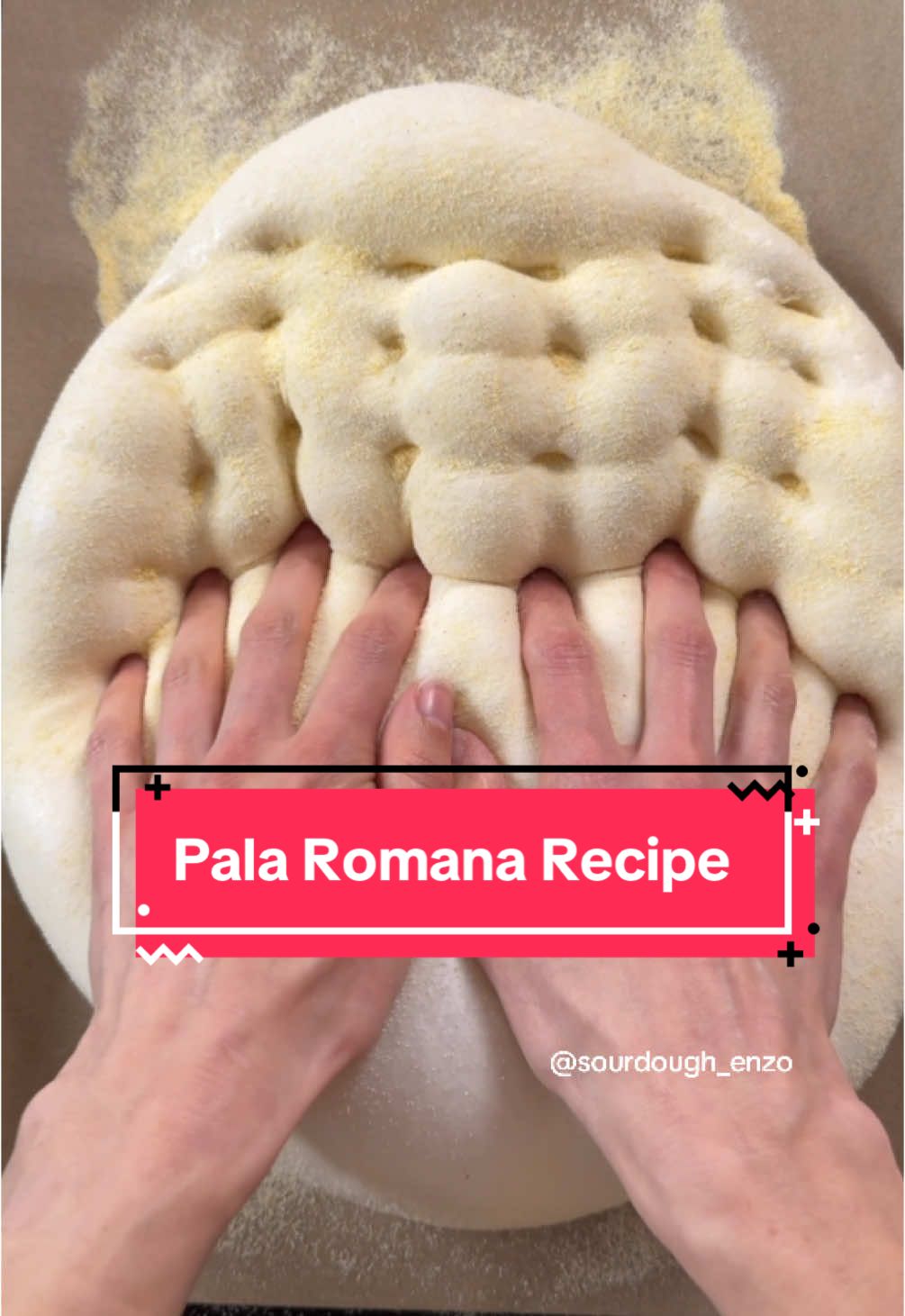 This dough is 75% hydration and living its best life. Crispy on the outside, soft and airy on the inside—like a little sourdough cloud with crusty armor. Dimpled with love (and maybe a touch of aggression). Want to make it too? Grab my sourdough kit and let’s bake something magical. Pala Romana 350g tap water 170g active sourdough starter 25g olive oil 10g sea salt 500g bread flour Cornmeal for dusting 	1.	Mix all ingredients in a medium bowl until well combined. Cover and rest 30–45 minutes. 	2.	Do a stretch and fold. Cover and rest 30–45 minutes. 	3.	Over 3–4 hours, do 3 sets of coil folds, spaced 30–45 minutes apart. Let rise until nearly doubled. 	4.	Cover and cold proof in the fridge overnight (12–24 hours). 	5.	The next day, transfer dough to a parchment-lined baking sheet sprinkled with cornmeal. 	6.	Let rest at room temp until doubled and jiggly. 	7.	Preheat oven to 425°F (220°C). 	8.	Sprinkle top with cornmeal. 	9.	Dock/dimple the dough with your fingers. 	10.	Bake 35–40 minutes, or until internal temp hits 195°F (90°C). #sourdough #palaromana #Recipe #fyp 