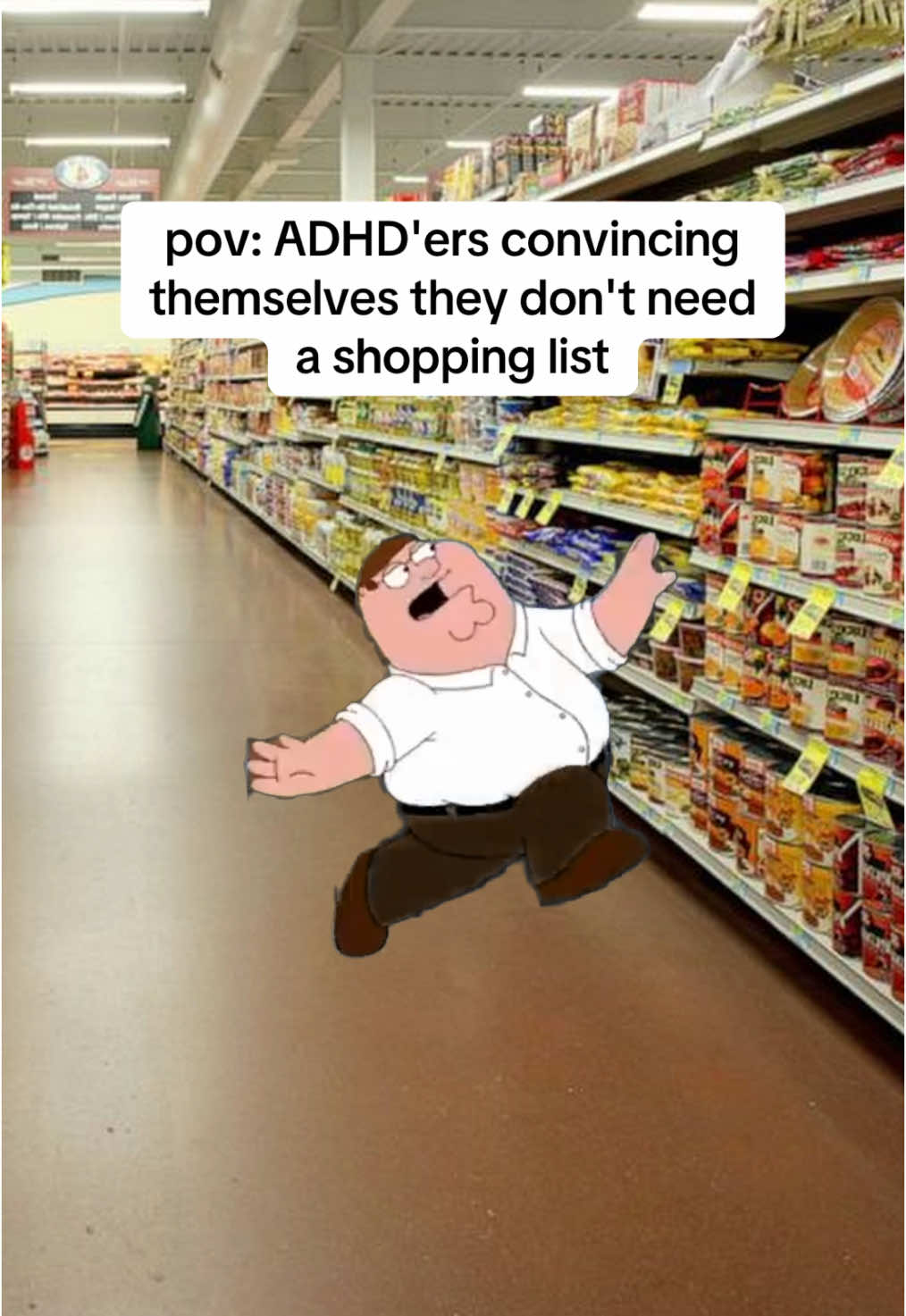 then coming home with 10 things I don’t need and no item from the list 🤡 ADHD messes with working memory. It means that information doesn't stick unless it's constantly repeated or written down. Grocery stores make it worse.  They're packed with noise, lights, movement, and choices. All of that triggers sensory overload, which floods the brain with input and makes it harder to focus or recall anything. #adhdmemes #adhdbrain #neurospicy