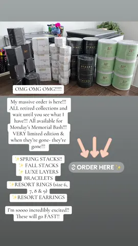 OMG OMG OMG!!!!! My massive order is here!!! ALL retired collections and wait until you see what I have!!! All available for Monday’s Memorial Bash!!! VERY limited edition & when they’re gone- they’re gone!!! ✨SPRING STACKS!! ✨ FALL STACKS ✨ LUXE LAYERS BRACELETS ✨RESORT RINGS (size 6, 7, 8 & 9) ✨RESORT EARRINGS I’m soooo incredibly excited!! These will go FAST!!  Here are the details for Monday’s party- 🇺🇸MEMORIAL DAY BASH is OPEN!!🇺🇸 The BLING BOARD is making it's debut! Preorders will receive 3x mystery hostess entries AND.. Order 3 or more items & choose off of the BLING BOARD! You can win FREE jewelry, FREE shipping, Discounts, gifts and MORE! Choose off the board for EVERY 3 items ordered! PLUS- I am officially offering FIZZCANO'S!!!! Purchase 7 or more rings (in cubes) and we will party with a FIZZCANO! Wait until you see allll these rings fizz a once- it's a volcano! CODES: FIZZCANO- 7 or more rings NEWBIE- New to me ✨LINK TO ORDER IN BIO✨ #bombparty #bombpartyjewelry #bombpartyreveals 