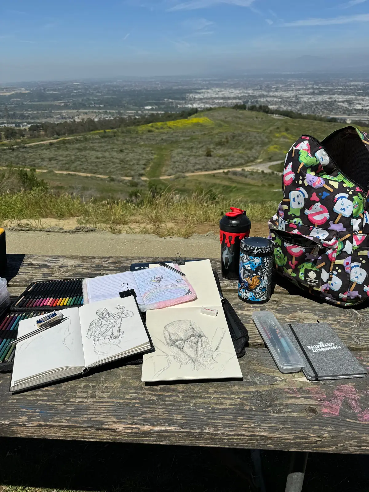 Got that drawing kit from shuttle art  for my Hike and sketch  time ! My  routine to get in a sketch session of 30 mins . We pick a topic / character / universe and have 30mins to do a sketch and then pencils are down. We then reveal to each other what we decided to draw from that topic / character/ universe . Then we pack up and head back down the hike . I make this a workout not only for the hike but for my craft .  . #hikeandsketch #sketch #series #art #drawing #practice #getbetter #drawingtips #practiceyourcraft #sketchsession #storytime #reveal #sketchtime #workoutmycraft #sketchtools #mytools #drawingtools #illustration #drawingkit #shuttleart #deadpool #familysketch 