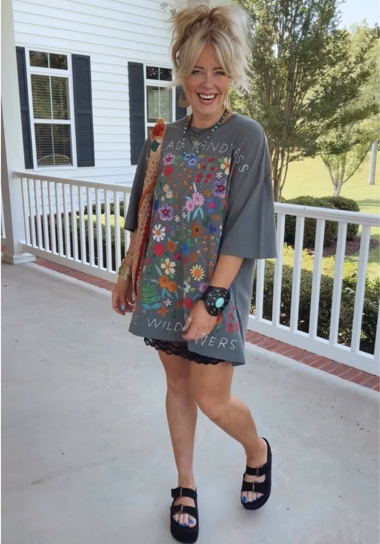 SHOP in my @LTK (link in bio) 🌸 Love this oversized tee over a lace skirt! #ootdinspo #over40 #styleover40 #styletok #naturallife #fyyyy #bohostyle 