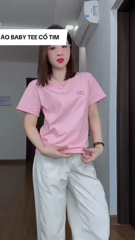 Áo cổ tim mặc đẹp xỉu, màu hồng đẹp nha m.n #kathyphuong #xuhuong #aocotim #ecochic #aothun #aobabytee 