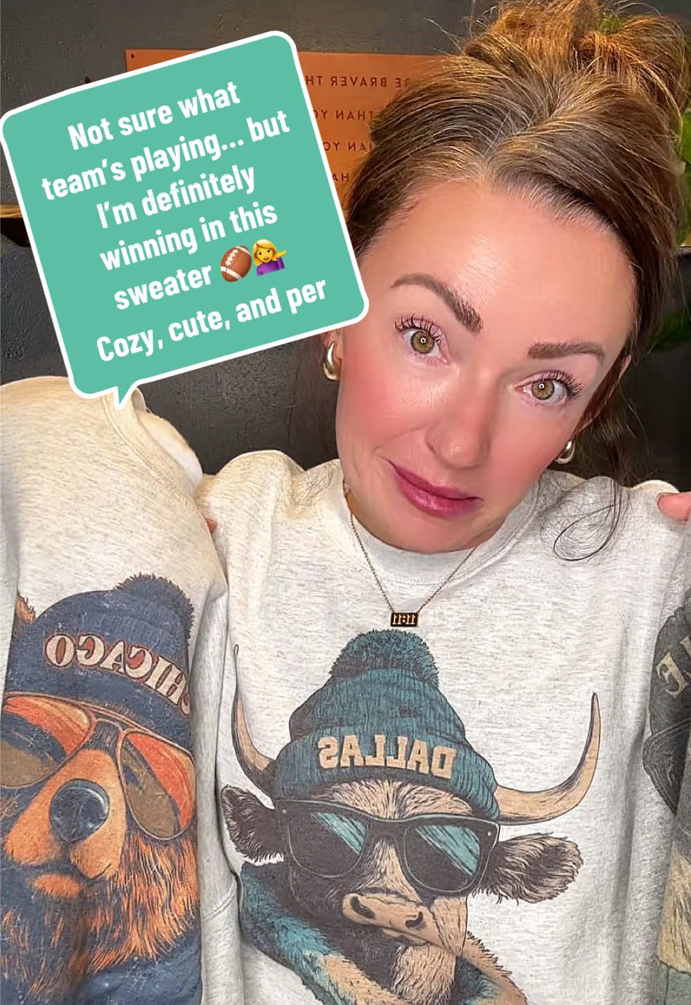 Not sure what team’s playing… but I’m definitely winning in this sweater 🏈💁‍♀️ Cozy, cute, and perfect for pretending I know the score 😘 #FootballButMakeItFashion #GameDayStyle #CozyAndChic #TailgateLook #SweaterSeason #FallFits #SundayFunday #SportsButMakeItCute #ComfyVibes #OOTD #StylishAndSporty #TikTokShopSummerTurnup #TikTokShopCreatorPicks #TikTokShopMemorialDay