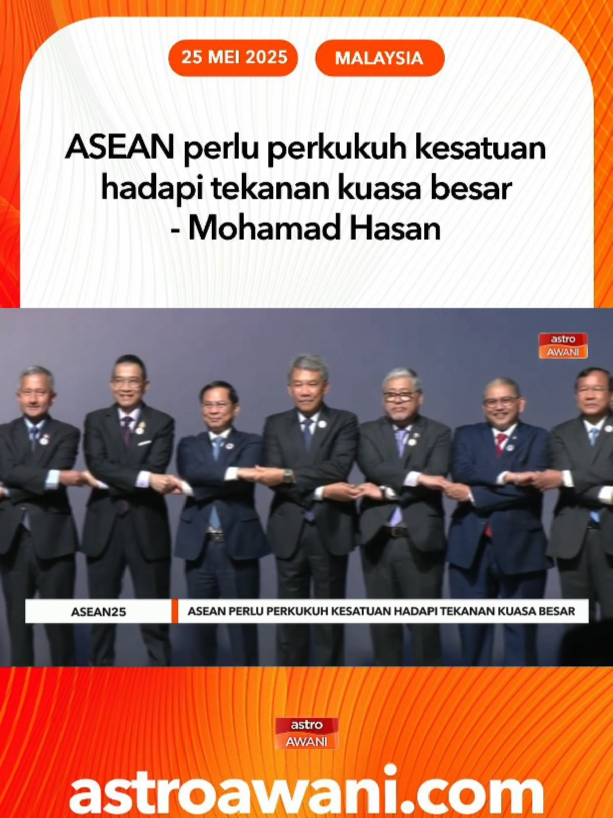 Menteri Luar, Datuk Seri Mohamad Hasan menyeru ASEAN untuk memperkukuh prinsip kesatuan dan kepusatan serantau dalam menghadapi tekanan geopolitik dan ekonomi dari kuasa besar dunia. Beliau menegaskan pentingnya ASEAN kekal sebagai peneraju kestabilan dan suara tunggal Asia Tenggara dalam menangani isu global. #ASEAN25 #ASEAN2025 #AWANInews