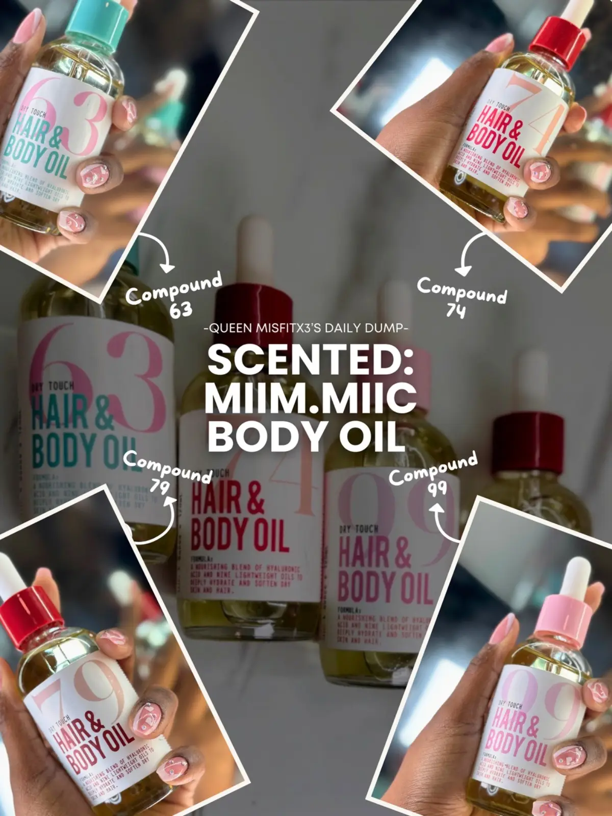 Hey pookies! 👋🏾 today we're diving into the incredible Miim.Miic Hair & Body Oils! ✨ These #drytouch formulas are giving me life – nourishing my skin and hair while smelling absolutely divine. This isn't just oil, it's an experience! Swipe to discover the notes for Compound 63 (Coconut Milk, Banana, Pineapple, Sea Salt & Bergamot), Compound 74 (Strawberry, Plum Nectar, Wild Lily, Tonka Bean & Sugared Amber), Compound 79 (Sour Cherry, Plum, Tonka Bean, Vanilla & Sandalwood), and Compound 99 (Jasmine, Saffron, Amber Wood & Cedar). Seriously, which scent is YOUR vibe?! 👇🏾 They're my secret for #glowyskin, shiny hair, and smelling luxurious all day! What's your current favorite #bodyoil or #hairperfume? @Miim.Miic Fragrance Labs @TJ Maxx #MiimMiic #HairAndBodyOil #ScentedOil #LuxuryForLess #FragranceTok #BodyCare #HairCare #SmellGood #AffordableLuxury #tjmaxxperfume #BeautyReview #BeautyFinds #FYP #ForYouPage #Trending #ViralBeauty #BeautyTok #SelfCare #NewProduct #TreatYourself #perfumetok #fragrancefinds #budgetfragrance #perfumeshopping #perfumeoil #perfumerecommendations #perfumecollection #dupe #MiimMiicFragrance #tjmaxx #queenmisfitx3  #creatorsearchinsights 