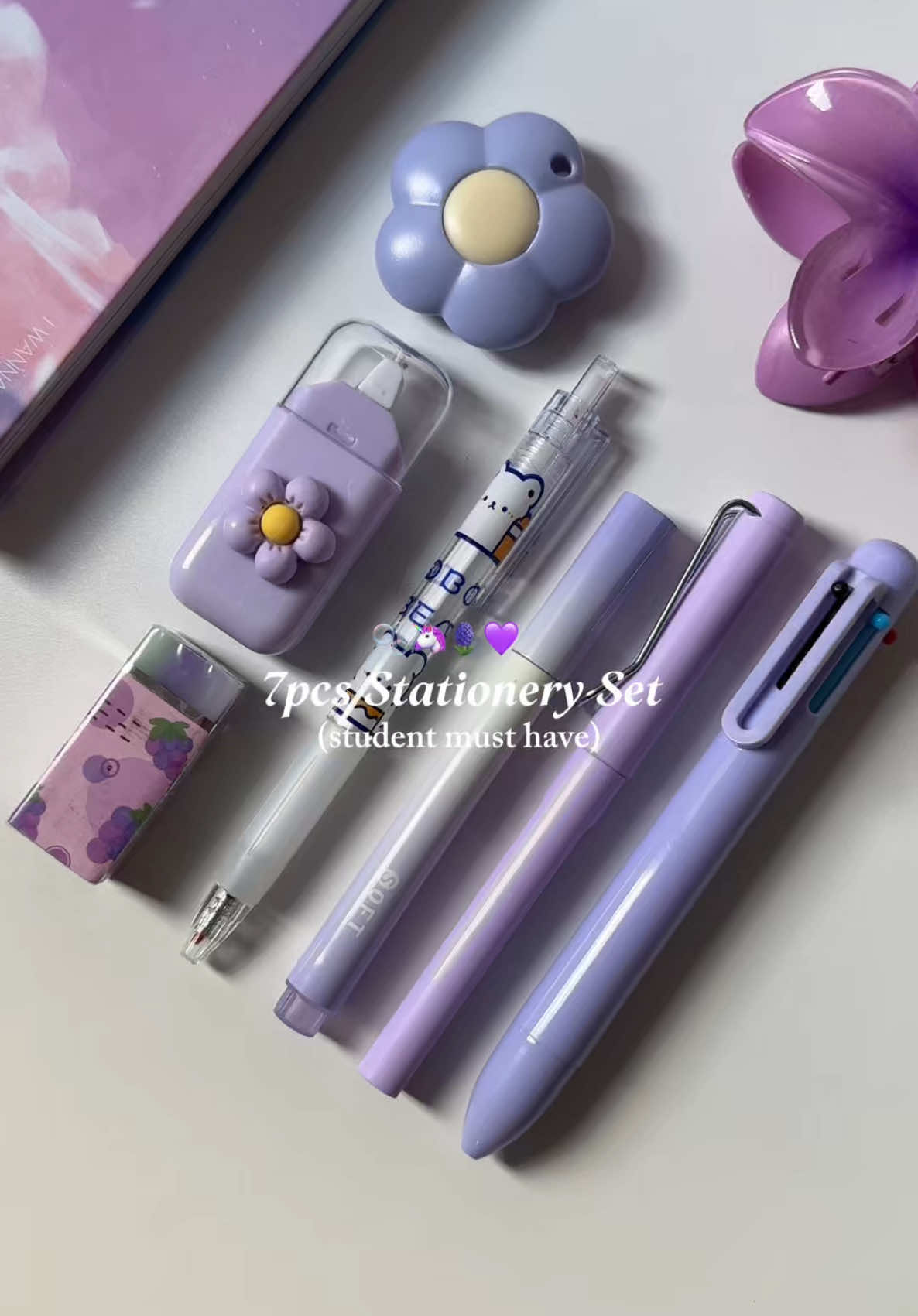 def a must buy 7pcs stationery set for students 💜🦄💟🪻 #stationeryset #stationery #schoolsuppliers #stationerysuppliers #7pcsstationeryset #studentmusthave #backtoschool #studentessentials