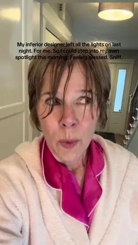 I’ll admit I was a little grumpy when I woke up this morning, but seeing all the lights in the house left on for me changed everything. The house looks so pretty lit up. Sniff. #funnyvids #comedyreels #comediansoftiktok #relatablecomedy #husbandwifecomedy #interiordesigner #lighting #homedecor #blessed 
