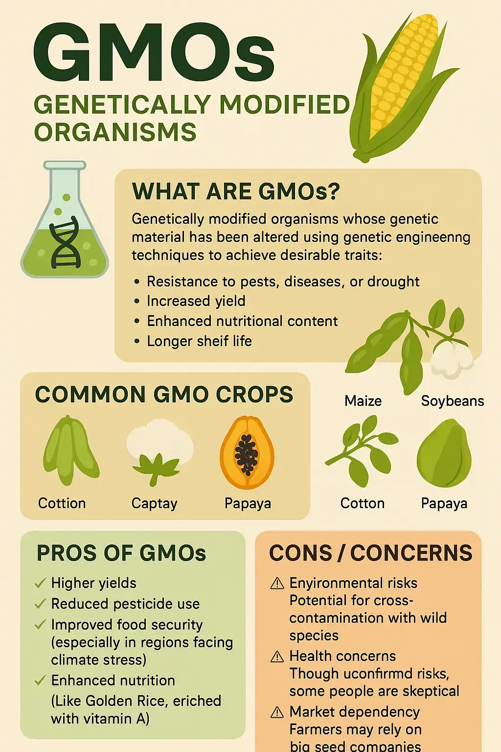What are GMOs? 🧬 Organisms (plants or animals) modified in the lab to improve traits like: ☀️ Drought resistance 🐛 Pest resistance 🌽 Higher yields 🥕 Better nutrition Common GMO Crops 🌽 Corn 🌱 Soybeans 🥭 Papaya ☁️ Cotton GMO Livestock 🐟 Fast-growing salmon 🐷 Disease-resistant pigs 🐄 Heat-tolerant or hornless cows Pros of GMOs ✅ More food (higher yield) ✅ Less pesticide use ✅ More nutrition (like Golden Rice) ✅ Better food security Cons / Concerns ⚠️ Environmental risks ⚠️ Health worries (still debated) ⚠️ Farmer dependency on big companies ⚠️ Ethical questions about altering nature