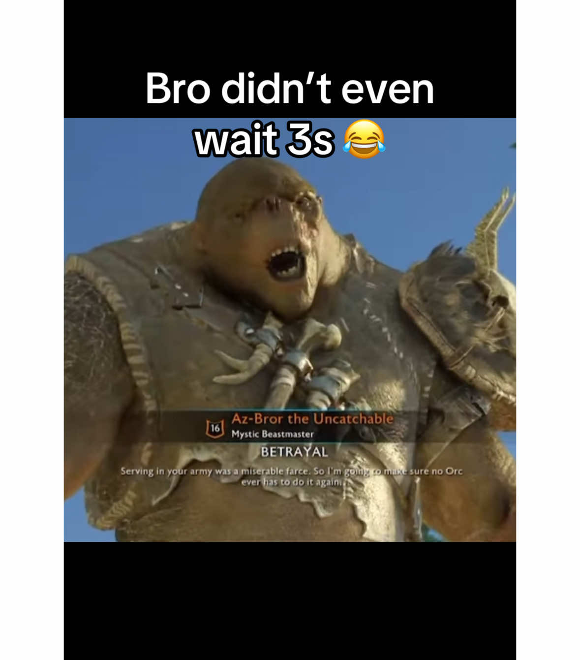 Bro didn’t even wait 3 seconds to say he’d had enough of the new job 😂 Shout out @Nick #kuberofski #lordoftherings #shadowofwar #gaming #openworldgames 