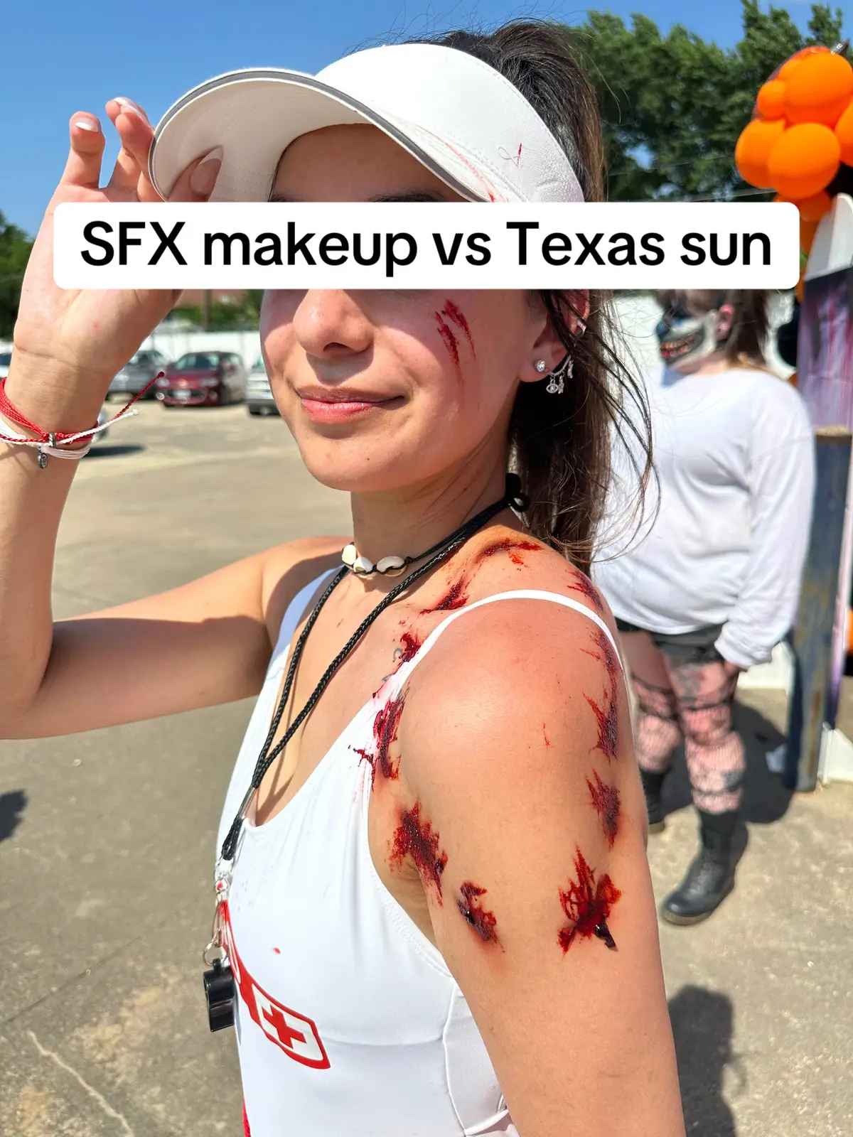 Can you tell this was the first time I’ve been outside all year? @Ravenfayespecialfx did my badass shark bite! I had a blast with @The Haunt House at the Southside Markets Halfway to Halloween Market! #scareactor #haunt #thehaunthouse #halfwaytohalloween #halfwaytohalloweenmarket #fakebloodwarning⚠️ #hauntedhouse #scareactors #fyp #fakebloodwarning #sharkbite #shark #tanlines #burned 
