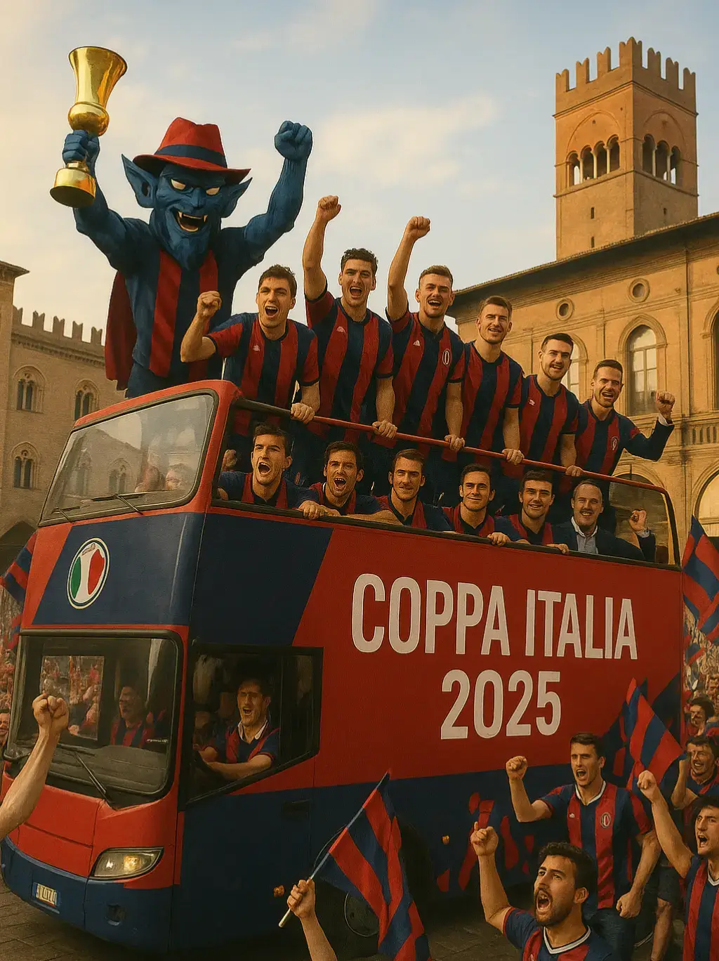 Oggi si festeggia la vittoria della Coppa Italia e la qualificazione in Europa League girando con il pullman aperto per le vie di Bologna! #bolognafc #campioni #europaleague #parata #orsolini #saputo #ferguson #castro #sartori #fenucci #divaio #freuler #dallinga #cambiaghi #ndoye #miranda #beukema #lucumi #odgaard #fabbian #coppaitalia 