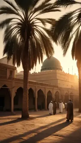 A historical view of Masjid Nabawi (SAW) in Madinah during early Islamic era — showing date palm trees (khajoor ke darakht) around the Masjid, old mud houses made with clay and palm trunks, peaceful desert atmosphere, soft golden sunlight, pilgrims in traditional Arab clothing from early centuries, no modern buildings or lights — cinematic angle, vintage color tone, historical accuracy, calm and spiritual environment #madina #rasoolallahsaww #viralvideo #islamicstory 