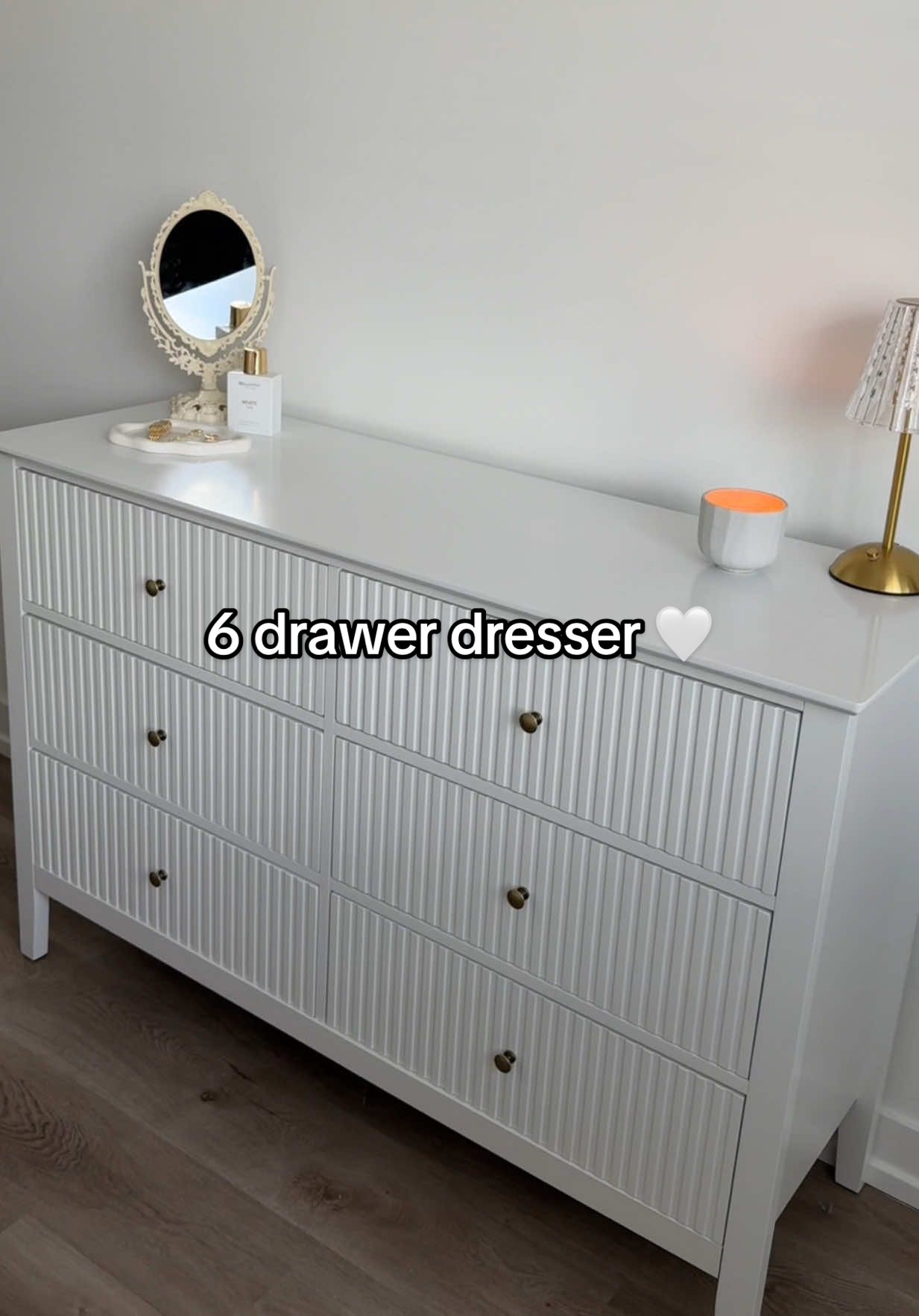 New dresser to store some of my clothes <3 I got this dresser in the 6 drawer white color but they have smaller 3 drawer options as well and different colors too. I put it together myself and the assembly instructions were pretty easy. This dresser fits a good amount of clothes in each drawer :) #dresser #drawerdresser #woodendresser #fluteddresser #bedroomfurniture #clothesorganizer #whitedresser #homefinds 