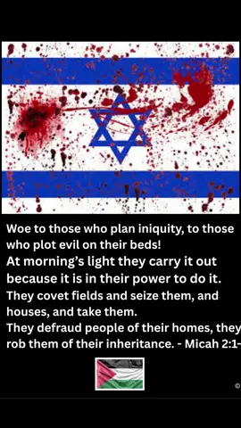 Woe to those who plan iniquity, to those who plot evil on their beds! At morning’s light they carry it out because it is in their power to do it. They covet fields and seize them, and houses, and take them.  They defraud people of their homes, they rob them of their inheritance. Micah 2:1-2 /#fyp #fypage #israel #palestine #lebanon #syria #war #peace #jesus #jesuschrist #holybible #christiantiktok #bibleinspiration #christian #journeyoffaith #God #returnoftheking #newtestament #christianitytiktok #bibleverse #biblestudy #bibletiktok #bibleexplained #messiah #christ #holyspirit #pray #prayers #wordofgod #church #godsword