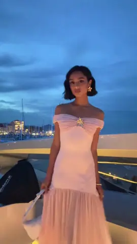 Ootn in Cannes 🌸🎀✨🤍 Shop at : MIORPARIS.COM Dress : KELLIE OFF-SHOULDER CREPE MAXI DRESS - BLUSH PINK #sierrraj #maxidress #cannes2025 #yachtlife ##dresses #formaldress #dreamdress #itgirl #softgirlaesthetic #ootn #dateoutfit 