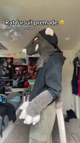 He’s 1650 usd, he comes with the head, both paws, and a 5 foot tail and the baseball cap. Both the head and paws are fully lined with neoprene, the head has wiskers and removable eyes, andddd the ventilation is pretty good due to him having a vent of his chin! Dm me if you are interested or have any questions! #fursuit #ratfursuit #fyp #awesome 