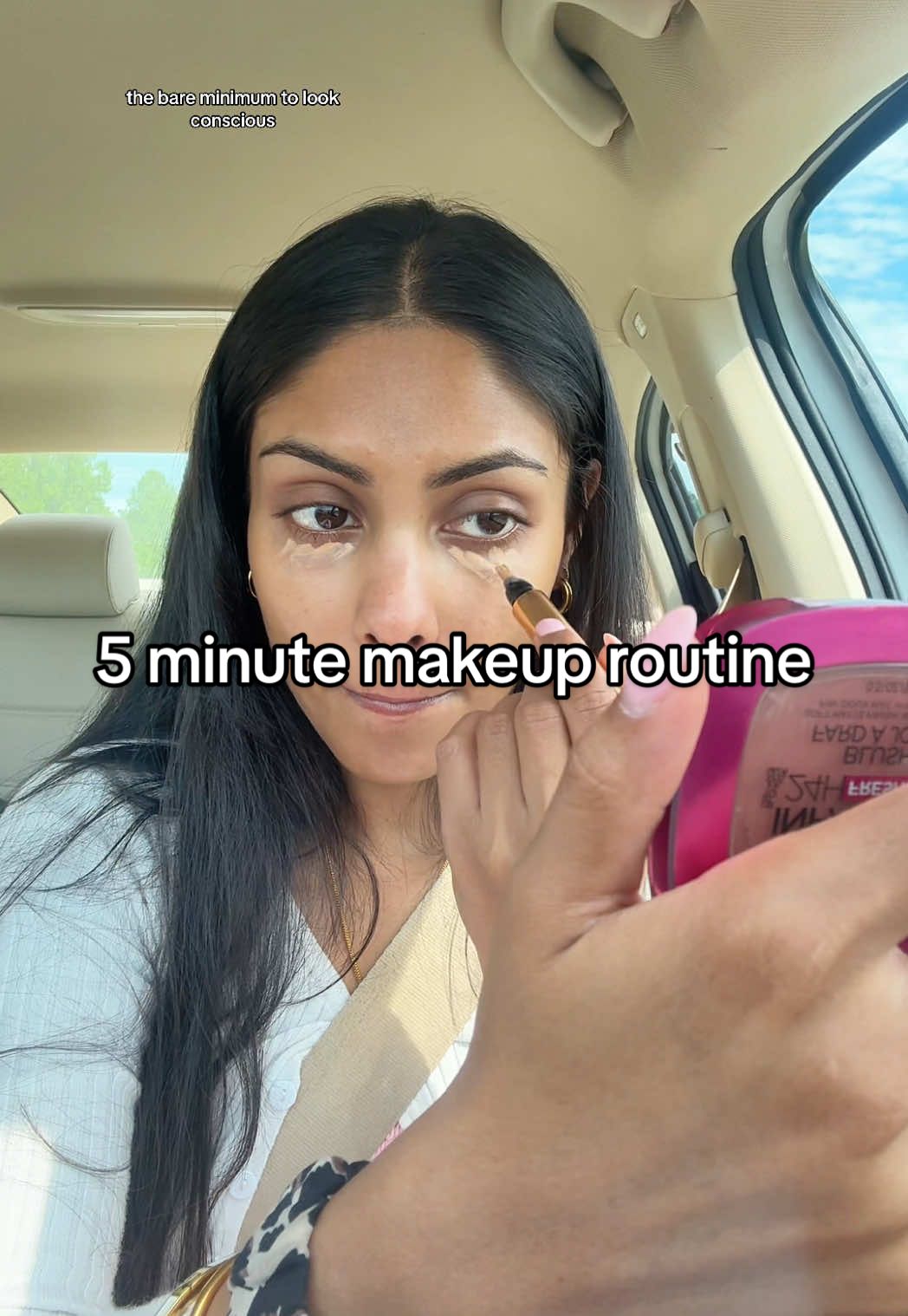 5 minute makeup routine in the car 🚗 #5minutemakeup #bareminimummakeup #naturalmakeup #fyp  #yslbeauty #giftedbyyslbeauty  Products used: - @sephora @Sephora Collection Brow Gel  - @YSL Beauty Touche Éclat Awakening Pen - @essence.cosmetics Lash Princess Mascara - @Huda Beauty Powder in Peach Pie - @Glossier lip liner in Nip - @rhode skin Peptide Lip Tint in Raspberry Jelly 