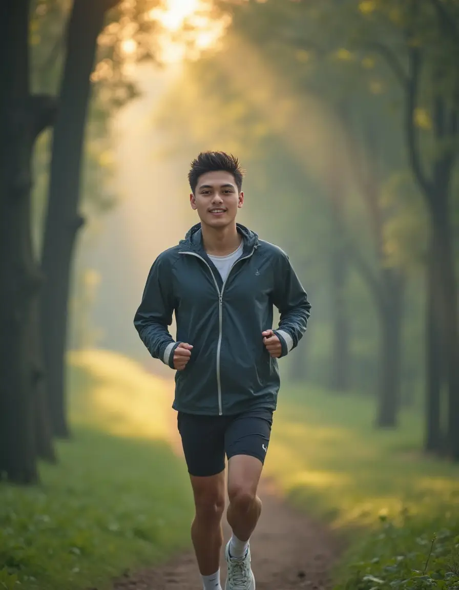 PROMPT: thick baggy windbreaker, shorts, running shoes. wearing white TWS. running down the misty green hill, big shady trees around, sunlight penetrating the leaves in the morning forming lines of light. #ai #fyp #fypage 