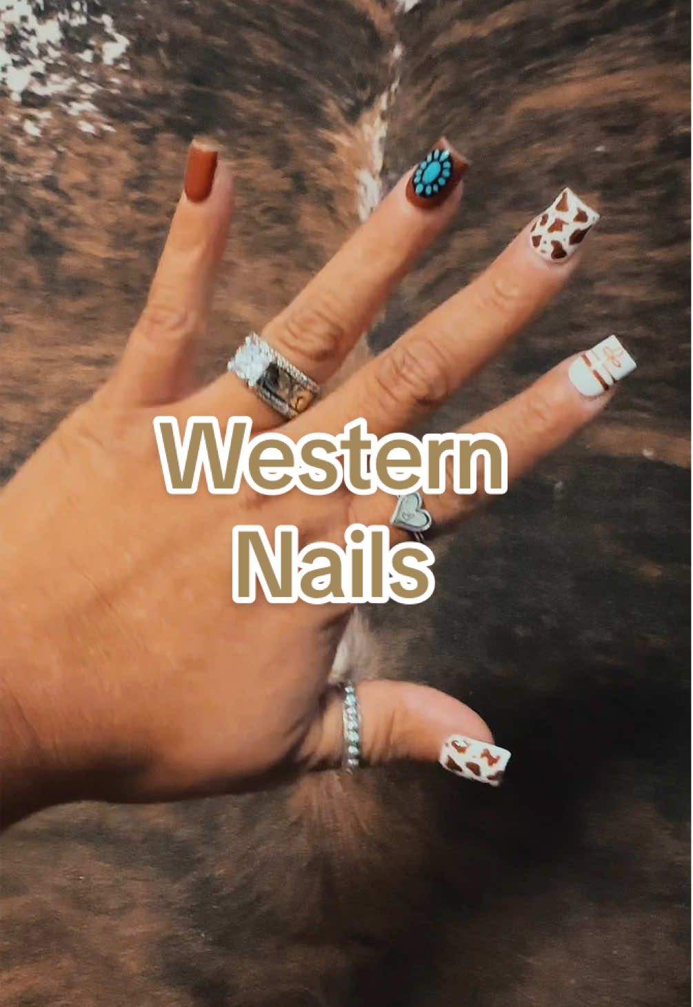 By far the most amazing set I’ve gotten done! #nails #westernnails #nailinspo #nailart #western #cowprintnails #cowprint #turquoise #hyosilver #jamesavery #trending #foryoupage 