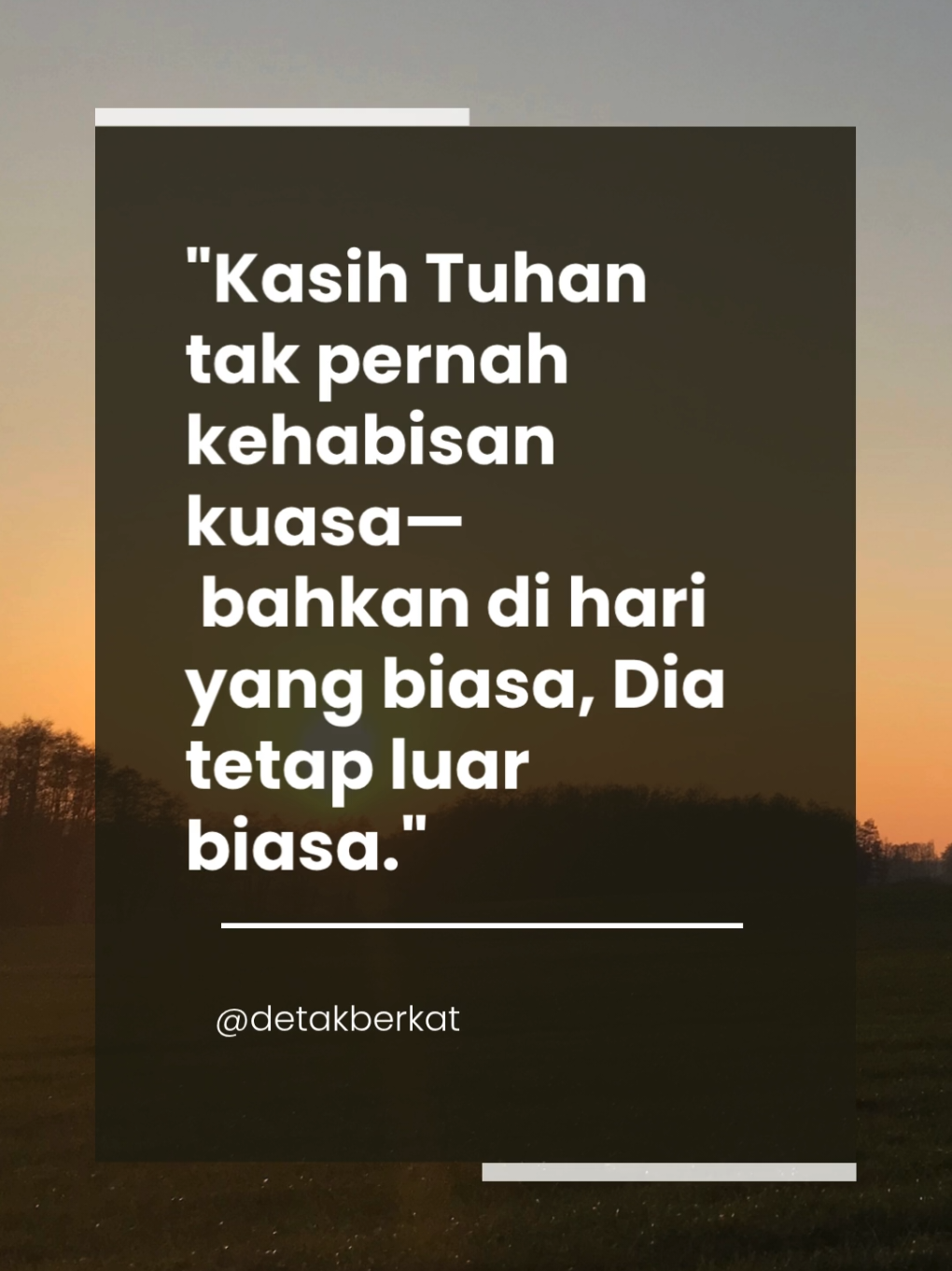 Ratapan 3:22-23 - Tak berkesudahan kasih setia TUHAN, tak habis-habisnya rahmat-Nya, selalu baru tiap pagi; besar kesetiaan-Mu! ☀️❤️ Tak perlu hari istimewa untuk melihat karya Tuhan. Di tengah rutinitas, keheningan, atau kelelahan—kasih-Nya tetap bekerja. Tanpa henti, tanpa syarat. Tuhan yang luar biasa tidak menunggu hari yang luar biasa untuk memberkati. Dia hadir dalam detik-detik sederhana dan menit-menit biasa. Dan di situlah keajaiban-Nya terasa paling nyata. ❤️😇 #JadiBerkat #RenunganKristen #KataBerkat #YesusHidup #AyatAlkitab #foryou #fyp 