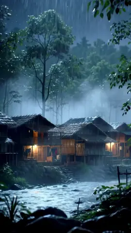 judul: desa kecil di tepi sungai saat hujan deras di malam hari  deskripsi: sebuah video sinematik 4k yang menggambarkan suasana malam hari di sebuah desa kecil di dalam hutan. deretan rumah sederhana berdiri di tepi sungai. hujan deras turun disertai angin dan kabut tipis. dedaunan dan pepohonan bergoyang pelan tertiup angin. suasana tenang dan penuh atmosfer, direkam dengan kamera steady dan pencahayaan yang terang namun alami. hashtag: #cinematic #4kvideo #desahujan #malamhari #videorealistik #forestvillage #steadycam #visualsinematik #hujanderas #videonature