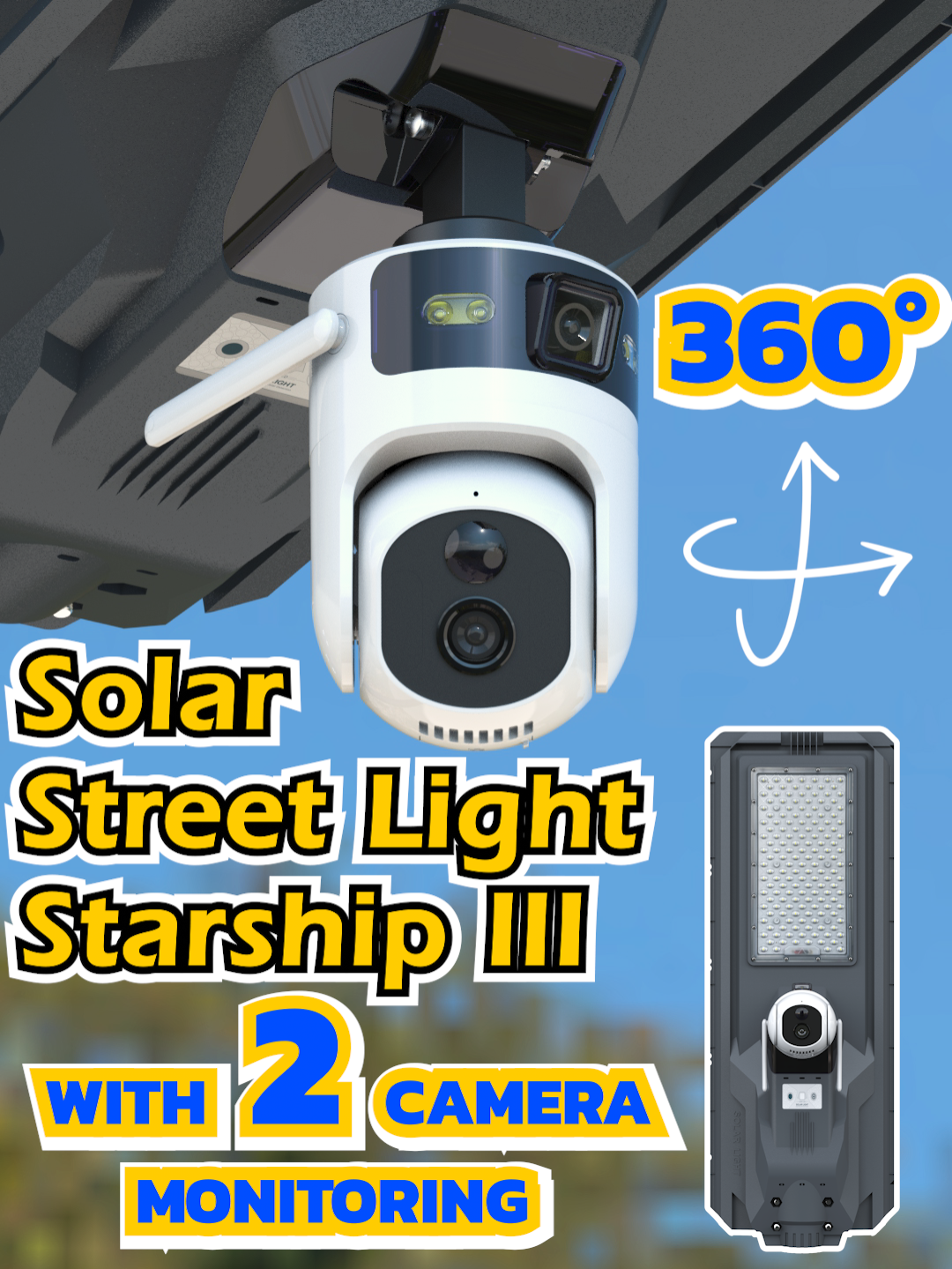 CCTV solar light with 2 cameras for monitoring, 4 million pixels, 360° no blind angle monitoring, 24hour operation, remote control via mobile app, automatic lighting at night, supports WiFi & 4G connection. #solarlights #light #outdoorlighting #outdoorlights #streetlight #solarstreetlight #solar #solarfactory #solarenergy #sunc #factory #cctvlight #cctvsolarlight #cctvcamera