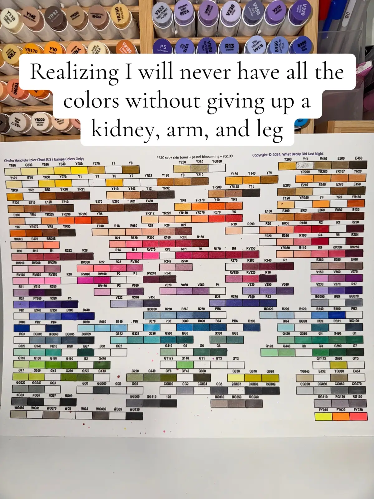 Please convince me I have more than enough lol. What is the one color you use the most? This color chart is from What Beck Did Last Night on the u toob #ohuhu #adultcolouring #markers #organization 