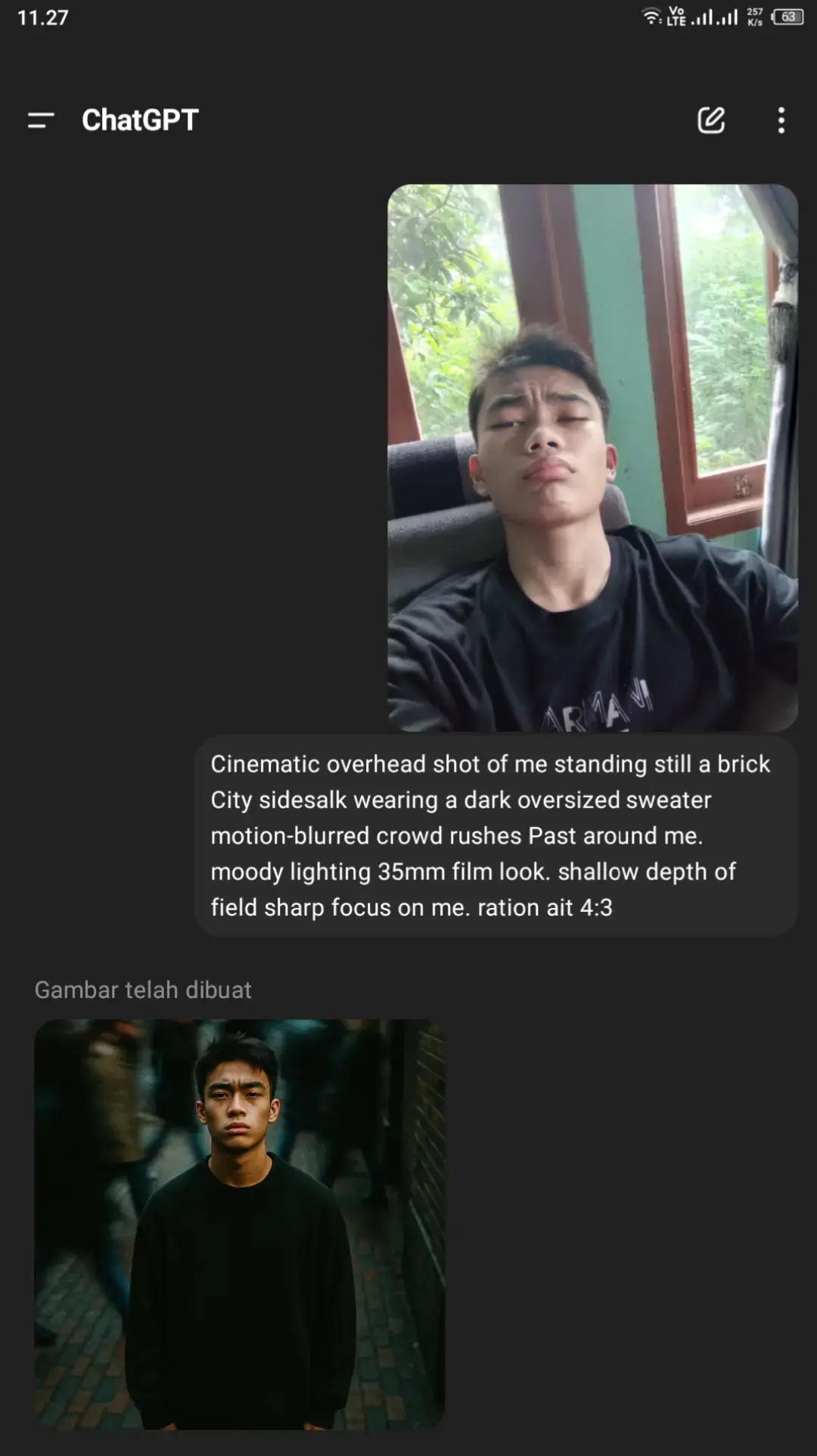 teks nya. Cinematic overhead shot of me standing still a brick City sidesalk wearing a dark oversized sweater motion-blurred crowd rushes Past around me. moody lighting 35mm film look. shallow depth of field sharp focus on me. ration ait 4:3 #ai #chtgpt 