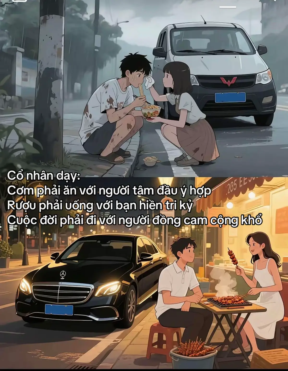 Cổ nhân dạy: Cơm phải ăn với người tâm đầu ý hợp Rư-ợu phải uống với bạn hiền tri kỷ Cuộc đời phải đi với người đồng cam cộng khổ