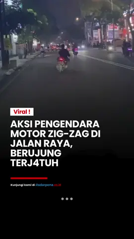 Sebuah video viral di media sosial menunjukkan seorang pemuda mengendarai sepeda motor secara ug4l-ug4lan di jalan raya.  Dalam rekaman tersebut, pemuda itu tampak berkendara zig-zag dari kanan ke kiri hingga nyaris menc3lak4kan pengendara dari arah berlawanan. Aksi b3rbah4ya tersebut berujung p3tak4, pengendara motor kehilangan keseimbangan dan t3rj4tuh di sisi kiri jalan. Belum diketahui pasti di mana lokasi kejadian itu terjadi. Video tersebut menuai kecaman dari warganet yang prihatin atas aksi nekat yang m3mbah4yakan diri sendiri dan orang lain. --- #Radarpena #Radarpenanews #MotorUgalUgalan #ViralVideo #HatiHatiDiJalan #SafetyRiding #EtikaBerkendara #TertibLaluLintas #JanganDitiru