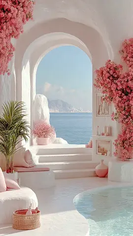 You’re waking up in your dream vacation home by the sea. Pink blooms, white walls, and endless peace. Would you stay here forever?